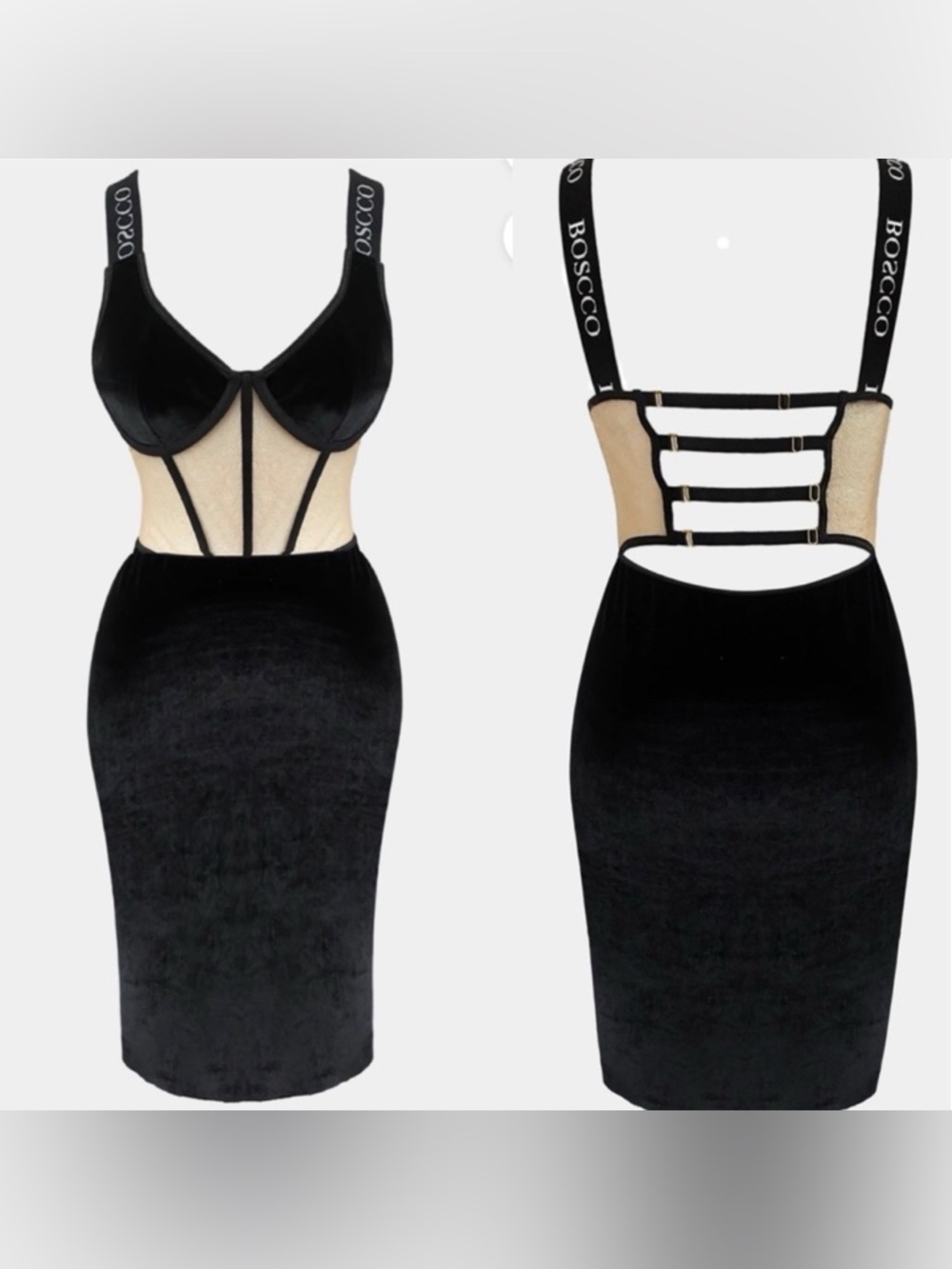 Black Velvet Midi Dress with Strappy Cutouts